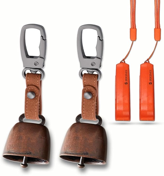 Loud Bear Bell with Silencer for Hikers, Bronze Colored Bear Bells with Emergency Whistle and Key-Chain Carabiner Set for Survival, Hiking, Trekking, Biking, Fishing, Climbing