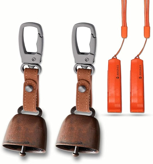 Loud Bear Bell with Silencer for Hikers, Bronze Colored Bear Bells with Emergency Whistle and Key-Chain Carabiner Set for Survival, Hiking, Trekking, Biking, Fishing, Climbing