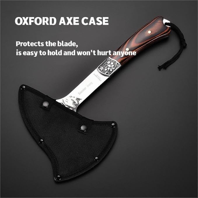 Camping Hatchet with Nylon Sheath,Tomahawk Viking Axe Etched Wolf Head Stainless Steel with Full Tang Wooden Grip,Camping Axe for Outdoor Splitting Wood,Hunting Survival,Farming Activities (Wolf Axe)