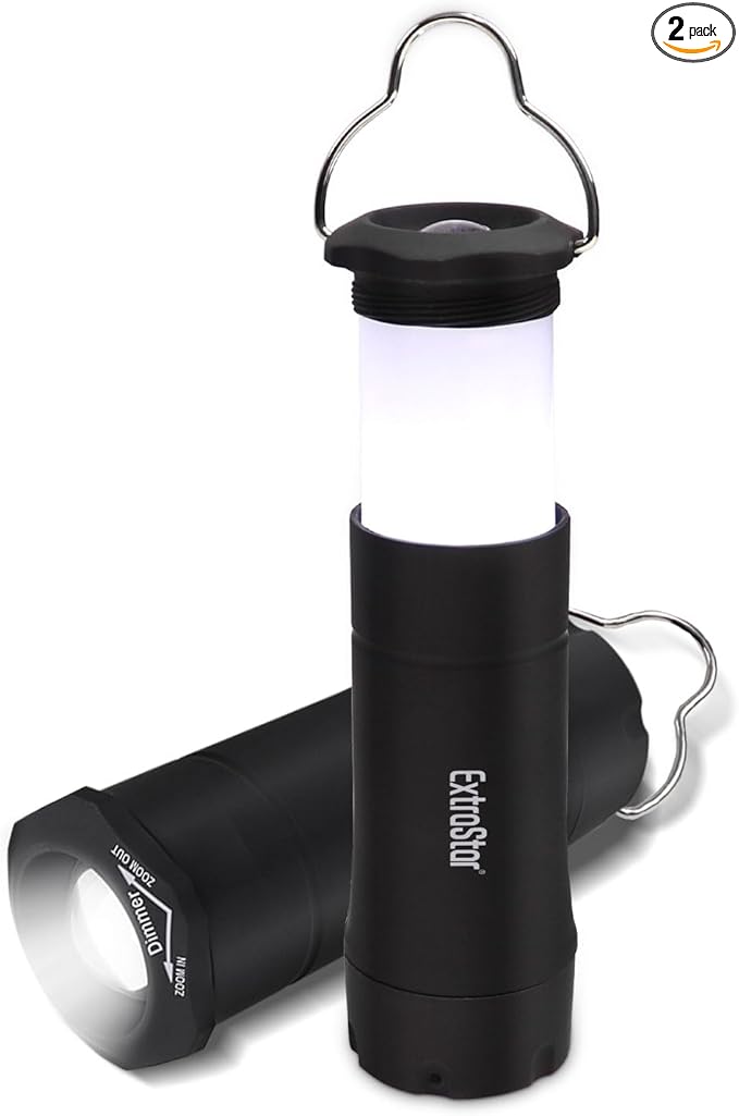 EXTRASTAR LED Camping Lanterns, 2-in-1 Battery Operated Flashlight, Zoomable Torch 3 Modes, Max 35 Lumens, IPX2 Water Resistant, Suitable for Hurricane, Emergency, Storm, Outages, 2 Pcs