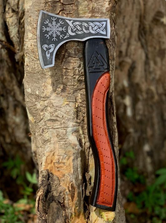 Qepaa Crafts® Custom Gift Forged Carbon Steel Viking Axe Bearded Axe with Rose Wood Shaft Tomahawk - Real Hatchet, Best Gift for Anniversary, Valentine's Day, Birthday, Premium Leather Sheath (Sm Asg)