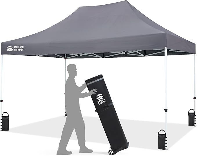 CROWN SHADES 10x15 Pop Up Canopy Tent, Thicken Frame Commercial Heavy Duty Tent, 8 Stakes & 4 Sandbags & 4 Ropes, Outdoor Canopies for Events, Parties,Grey