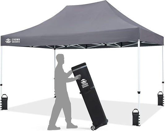 CROWN SHADES 10x15 Pop Up Canopy Tent, Thicken Frame Commercial Heavy Duty Tent, 8 Stakes & 4 Sandbags & 4 Ropes, Outdoor Canopies for Events, Parties,Grey