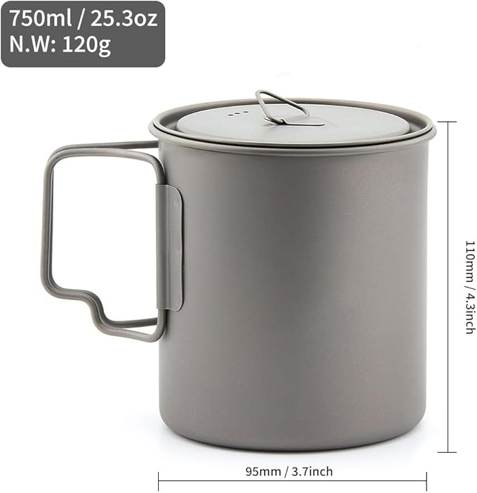 Titanium Camping Mug 750 ml / 25 oz Single-Wall Pot with Lid, Ultralight Backpacking Cup, Folding Handles, Boil Water & Cook Meals for Hiking, Bushcraft, Outdoor Survival