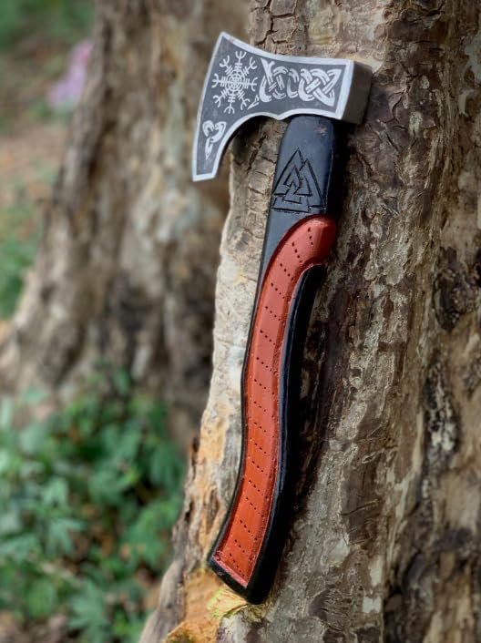 Qepaa Crafts® Custom Gift Forged Carbon Steel Viking Axe Bearded Axe with Rose Wood Shaft Tomahawk - Real Hatchet, Best Gift for Anniversary, Valentine's Day, Birthday, Premium Leather Sheath (Sm Asg)