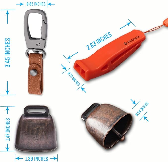 Loud Bear Bell with Silencer for Hikers, Bronze Colored Bear Bells with Emergency Whistle and Key-Chain Carabiner Set for Survival, Hiking, Trekking, Biking, Fishing, Climbing