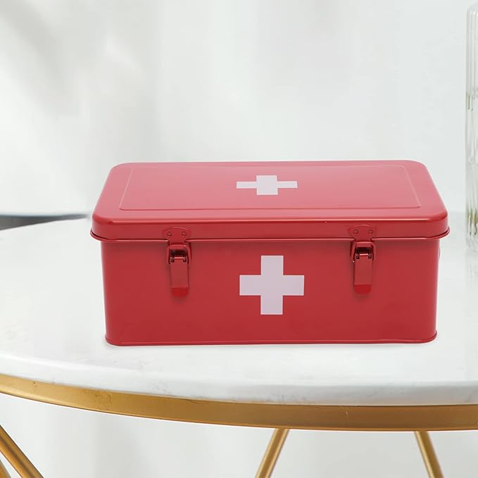 First Aid Medicine Box, First Aid Kit Supplies Bin, Metal Medicine Storage Tin, First Aid Empty Box with Safety Lock for Home Emergency Tool Set-Red