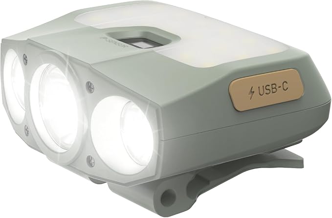 Claymore Capon 200H (Mint Gray) - LED Rechargeable Clip-On Cap Headlamp, Lightweight Hat Light for Camping, Running, Hiking, Emergency & Industrial Use, Waterproof, USB-C, 55 Hours of Battery Life.