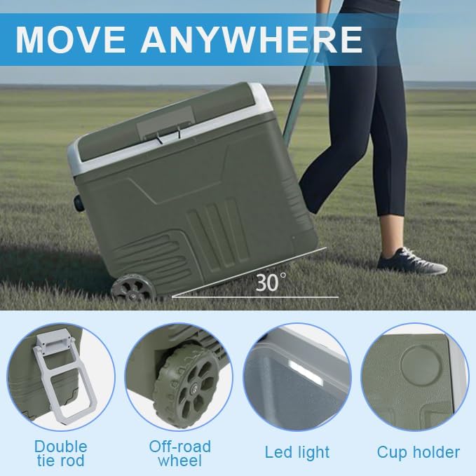 Portable 12V Refrigerator,48QT (45L) Electric Cooler with 12/24V DC and 110-240V AC,-4℉~68℉,Dual Zone Car Refrigerator with Off-Road Wheels,LED Lights and Bottle Opener for Camping,Travel (Large)