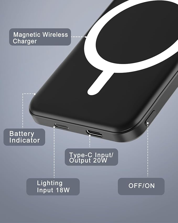 podoru for Magsafe Battery Pack, 5000mAh Magnetic Power Bank with Type-C Cable 20W PD Fast Charging Lighting Input Wireless Portable Charger for iPhone 17/16/15/14/13/12/ All Series-Black