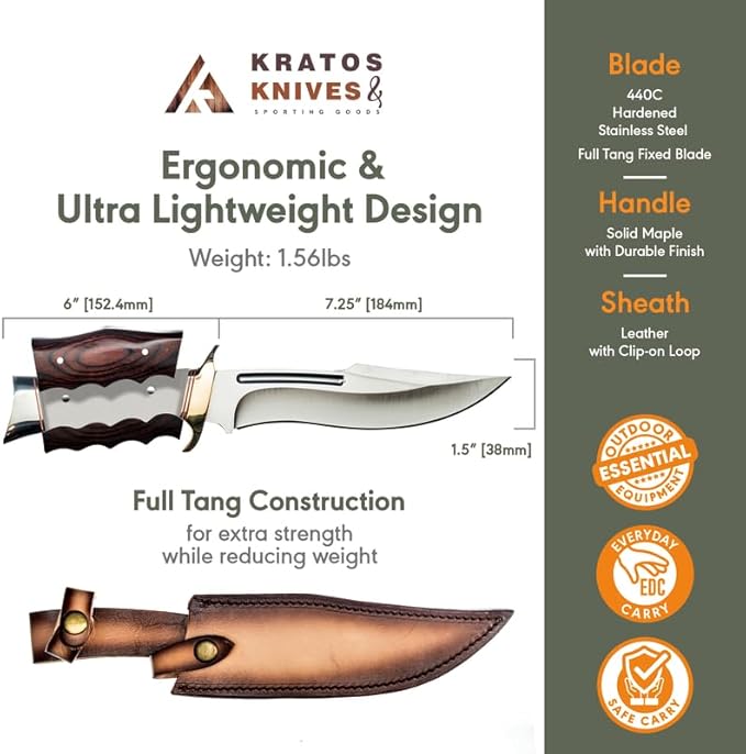 Hunting Knife Full Tang with Sheath, 13.25" Fixed Blade Knife with 440 Stainless Steel Wood Handle for Hunting, Leather Sheath Included by Kratos ZF9