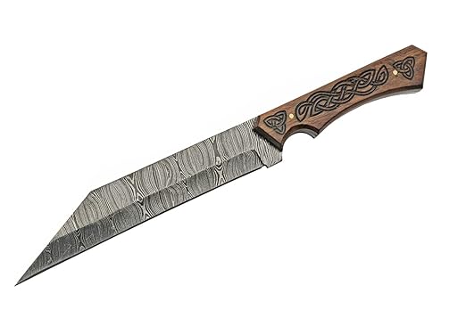 SZCO Supplies 12.25??Full Tang Celtic Handle Damascus Steel Reverse Tanto Seax Knife With Leather Sheath, Brown (DM-1300)