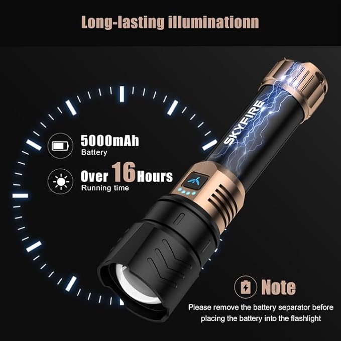 SKYFIRE LED Flashlights High Lumens with Ignition Lens,2000lm Super Bright Rechargeable Flashlight,Zoomable,Four Modes,Waterproof Tactical Flash Light for Camping Essentials,Outdoor,Home&Gifts