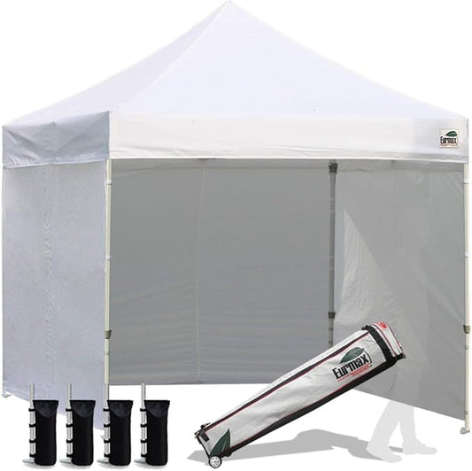 Eurmax USA 8'x8' Pop-up Canopy Tent Commercial Instant Canopies with 4 Removable Zipper End Side Walls and Roller Bag, Bonus 4 SandBags(White)