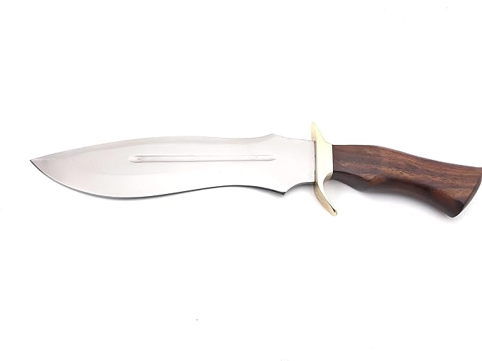 Nooraki Handcrafted D2 Steel Fixed Blade Bowie Knife with Rosewood Handle and Brass Guard, Leather Sheath Included, Ideal for Camping, Hunting, and Everyday Carry - 15.5" Length N368