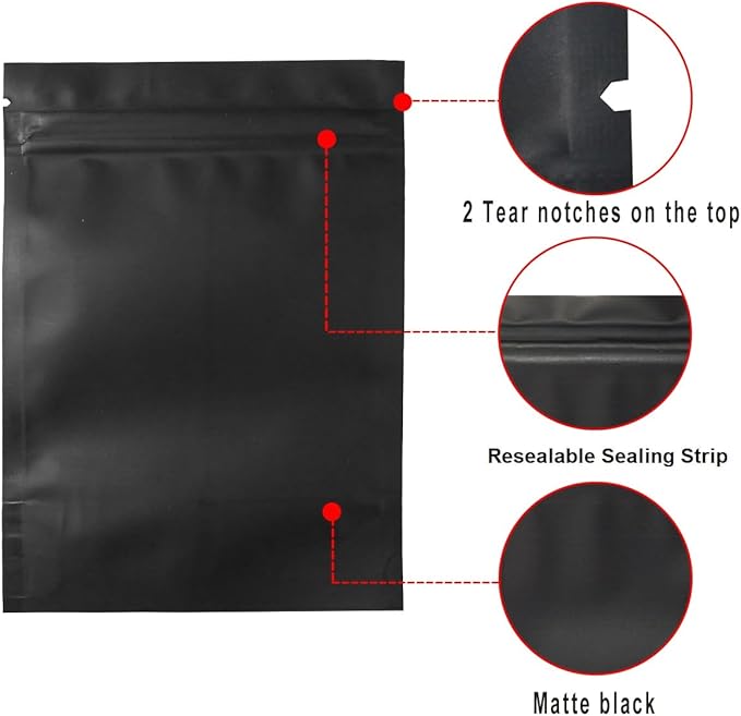 STUs 100 Pack Smell Proof Stand-Up Bags 4 x 6 Inch Resealable Mylar Bags Foil Pouch Double-Sided Bag Matte Black