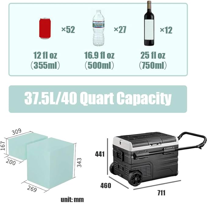 40/76/95 Quart Series Dual Temperature Control Car Refrigerator, Portable Refrigerator, Individual Temperature Control (-4 ° F~68 ° F), Large Capacity Road Travel Fridge, 12/24v DC (TWW35-40 Quart)