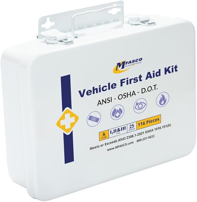 MFASCO Vehicle First Aid Kit - DOT/ANSI/OSHA Compliant - Metal - Portable & Mountable - Waterproof - First Aid Kits for Businesses, Construction, Commercial Vehicles, Workplaces - 115 Pcs