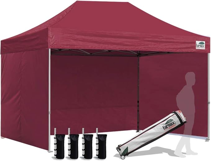 Eurmax USA 8'x12' Pop-up Canopy Tent Commercial Instant Canopies with 4 Removable Zipper End Side Walls and Roller Bag, Bonus 4 SandBags(Burgundy)