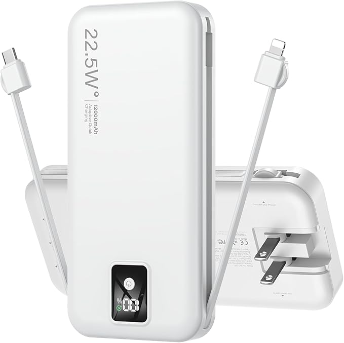 Portable Charger Built-in Cables and AC Wall Plug, 12000mAh power Bank, USB C 22.5W Fast charging Phone Charger ,Compact Lightweight External Battery Pack for iPhones, iPad, Samsung,Tablets, etc.