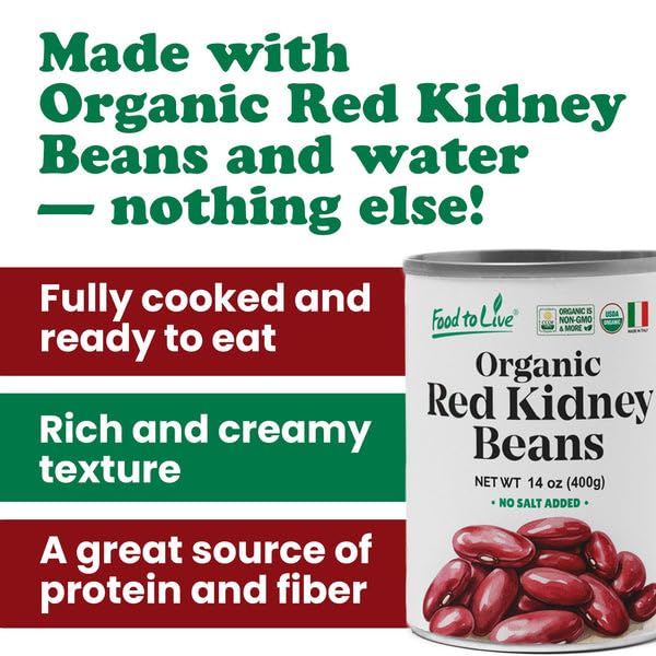 Food to Live Organic Italian Red Kidney Beans, 14 oz (Pack of 1) – Unsalted, Non-GMO, Vegan. Ready to Eat. Perfect for Salads, Soups, Pasta e Fagioli. Wholesale