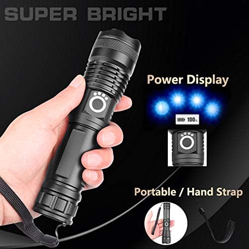 LED Flashlights, 10000 Lumen Super Bright Tactical Flashlight, Rechargeable Flash Light, 5 Modes Zoomable Waterproof Flash Lights for Emergency, Camping, Hiking, Outdoor, Home