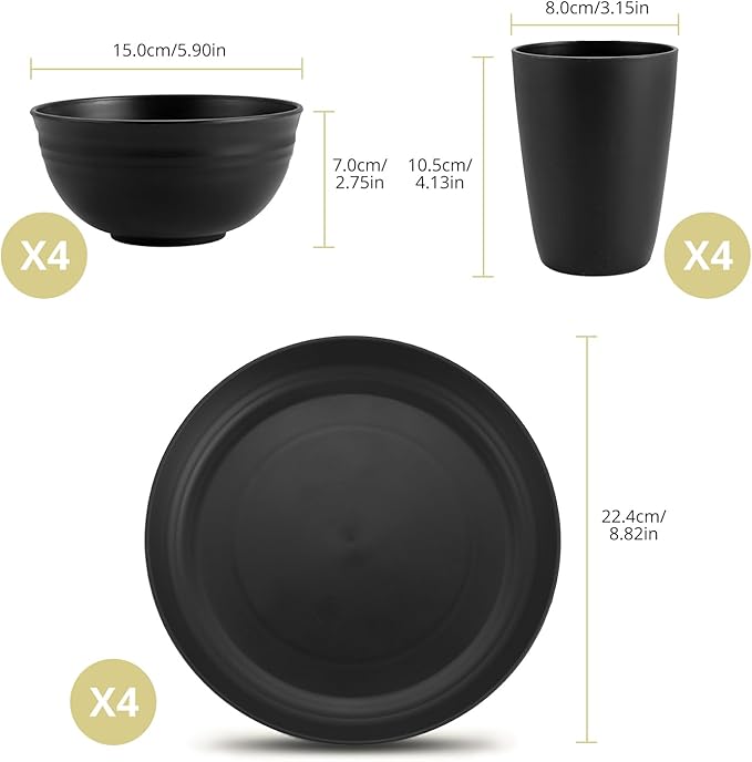 Plastic Camping Plates and Bowls Set, 12pcs Unbreakable Camping Dinner Set for 4, Reusable, Microwave & Dishwasher Safe Dinner Set, for Kitchen Outdoor Travel Picnic