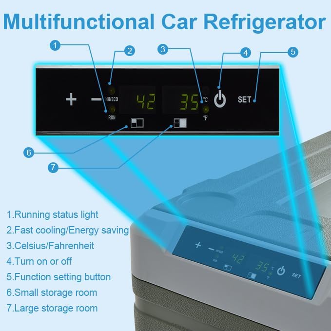 Portable 12V Refrigerator,48QT (45L) Electric Cooler with 12/24V DC and 110-240V AC,-4℉~68℉,Dual Zone Car Refrigerator with Off-Road Wheels,LED Lights and Bottle Opener for Camping,Travel (Large)