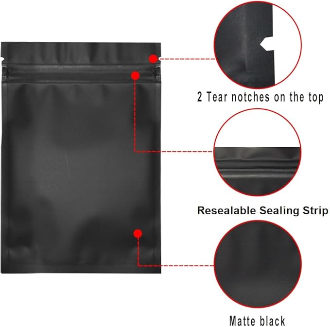 100 Pack Mylar Bags 4 x 6 Inch Resealable Smell Proof Bags Foil Pouch Bag Flat Bag Matte Black