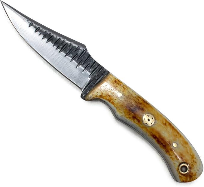 Titan International Knives Handmade Carbon 1080 Steel | Fixed Blade Color Coated Hand Pounded Hunting and Skinning Knife | Burnt Bone Handle Perfect for Hunting and Camping with Leather Sheath