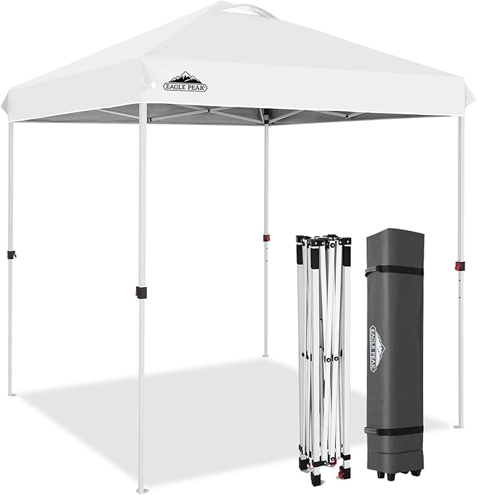 EAGLE PEAK Pop Up Canopy Tent with Wheeled Carry Bag, 8 Stakes, 4 Ropes, Easy Set Up Tent Canopy, 6.6x6.6 ft, White