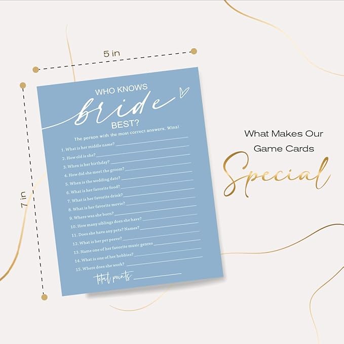 Bridal Shower Games Cards, Who Knows The Bride Best, 25 Guest Wedding Games, Minimalist Blue Wedding Party Supplies - B03
