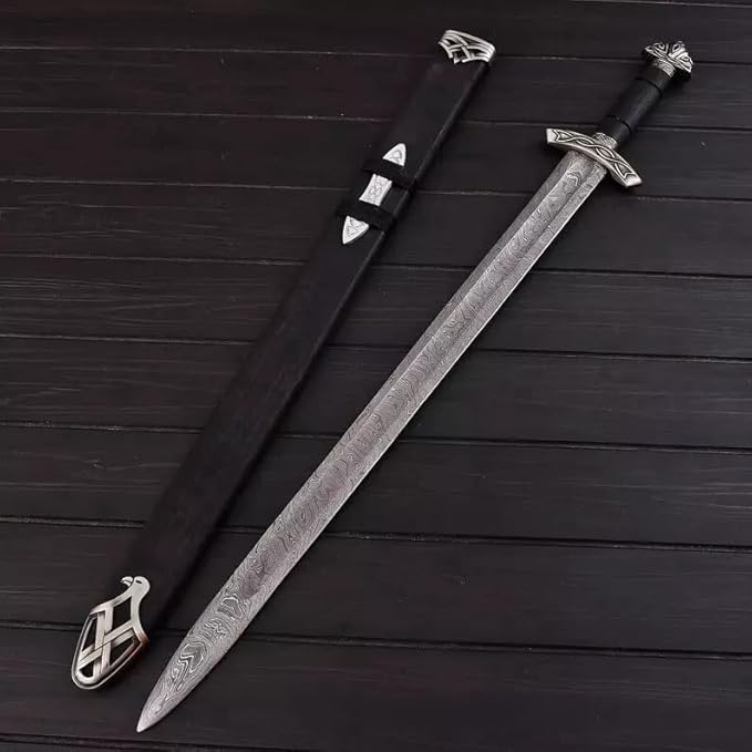 Viking Sword ??Real Damascus Steel Battle-Ready Northman Swords | Handmade Functional Viking Sword Prop | Gift for Him, Prop Tools with Origional Leather Scabbard