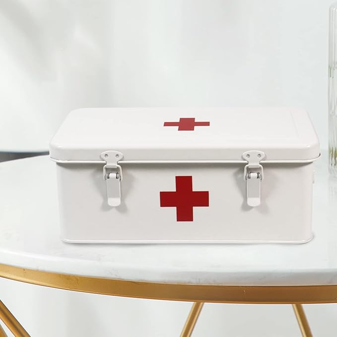 First Aid Medicine Box, First Aid Kit Supplies Bin, Metal Medicine Storage Tin, First Aid Empty Box with Safety Lock for Home Emergency Tool Set-White