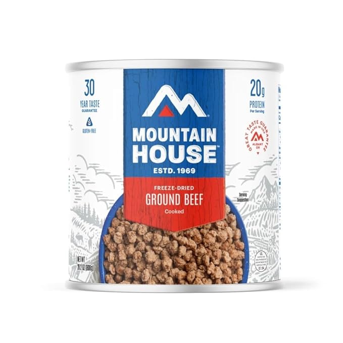 Mountain House Freeze Dried Pre-Cooked Ground Beef | Hamburger Meat Gluten-Free, High-Protein, Lightweight Emergency Food for Camping, Hiking and Shelf Stable 22 Servings Made in USA #10 Can Pack of 6