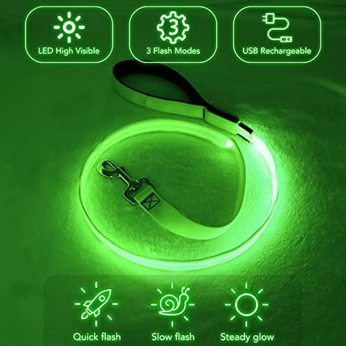 Colaseeme Light Up Dog Leash, LED Pet Leashes USB Rechargeable, Glow Safety Dogs Lights at Night (4FT,Green)