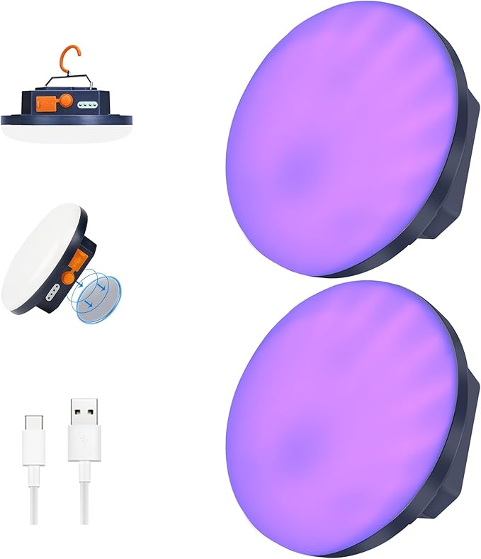 2pcs Camping Lamp 10000mAh Rechargeable 3000LM Tent Camping Light, 24Hours Long Play Time , Outdoor Night Market Night Fishing Lantern (UV)