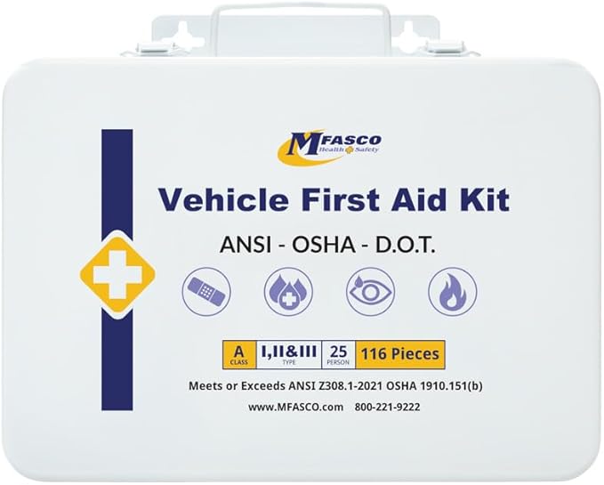 MFASCO Vehicle First Aid Kit - DOT/ANSI/OSHA Compliant - Metal - Portable & Mountable - Waterproof - First Aid Kits for Businesses, Construction, Commercial Vehicles, Workplaces - 115 Pcs