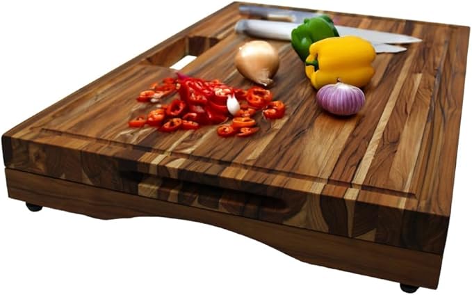 EcoDecors, Teak Edge Grain Cutting Board 29"x18", Solid FSC Teakwood Butcher Block with Juice Groove, Handles & Waste Chute, Large Cutting Board for Kitchen, Carving, and Stove-Top Prep