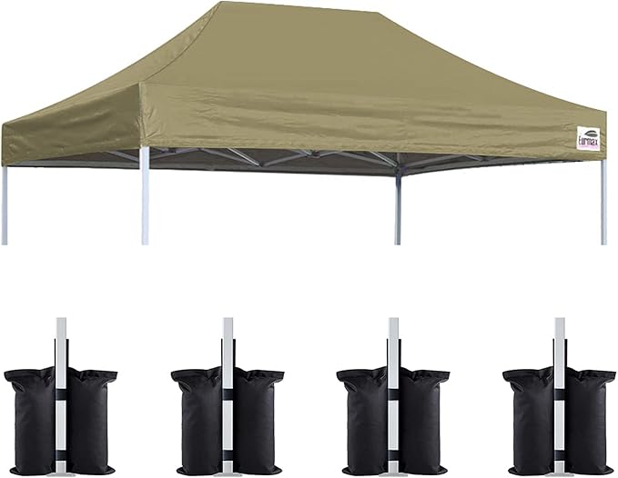 Eurmax USA Pop Up Canopy Replacement Canopy Tent Top Cover, Instant Canopy Top Cover ONLY,Bonus 4PC Pack Weight Bag (8x12, Khaki)