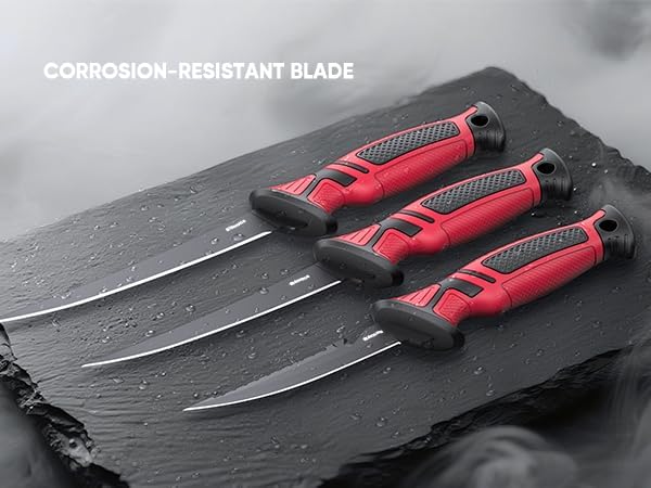 Fillet Knife and Bait Knife Set Performance 5"-6"-7" G4116 German Flex Razor Sharp Stainless-Steel Blade with Sheath for Filleting and Boning, Pro Fishing Gear and Equipment Tools, Cool Fishing Gift for Men (Black-Red)