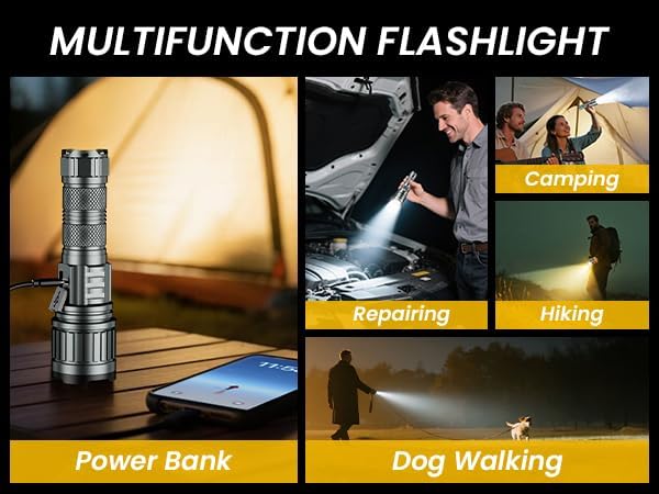 5000mAh Rechargeable High Lumens Flashlight with Warm/White Light - 11 Modes Zoomable Tactical, Waterproof for Camping, Emergency, Outdoor Travel