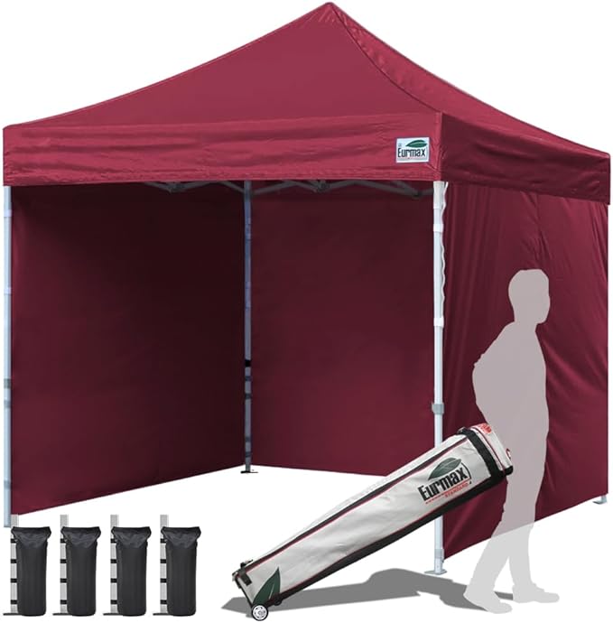 Eurmax USA 10'x10' Pop-up Canopy Tent Commercial Instant Canopies with 4 Removable Zipper End Side Walls and Roller Bag, Bonus 4 SandBags(Burgundy)