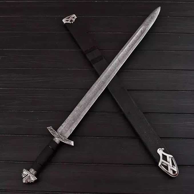 Viking Sword ??Real Damascus Steel Battle-Ready Northman Swords | Handmade Functional Viking Sword Prop | Gift for Him, Prop Tools with Origional Leather Scabbard