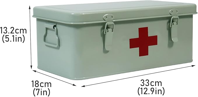 First Aid Medicine Box, First Aid Kit Supplies Bin, Metal Medicine Storage Tin, First Aid Empty Box with Safety Lock for Home Emergency Tool Set-Green