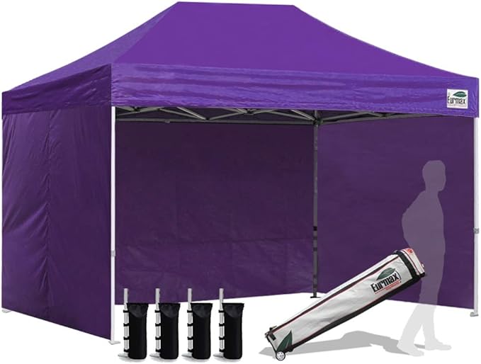 Eurmax USA 8'x12' Pop-up Canopy Tent Commercial Instant Canopies with 4 Removable Zipper End Side Walls and Roller Bag, Bonus 4 SandBags(Purple)