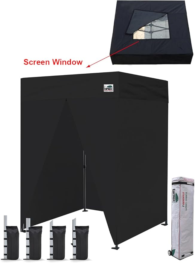 Eurmax USA 5'x5' Flat Top Pop-up Canopy Portable Photo Booth Tent for Events Wedding Photobooth for Professional Photos Photo Studio with Roller Bag,Bonus 4 SandBags (Black with Screen Window)