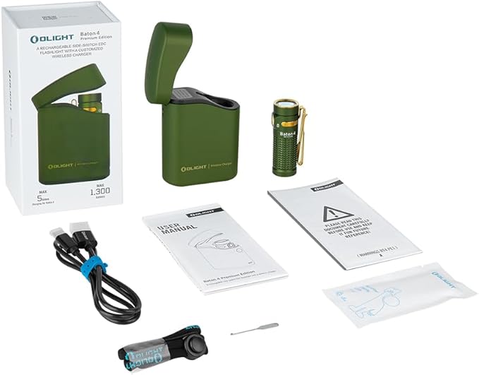 OLIGHT Baton4 Premium Edition EDC Flashlights 1300 Lumens with Type-C Charging Box, Powered by Rechargeable Battery, Small Bright Light IPX8 Waterproof for Emergencies Outdoors (OD Green)