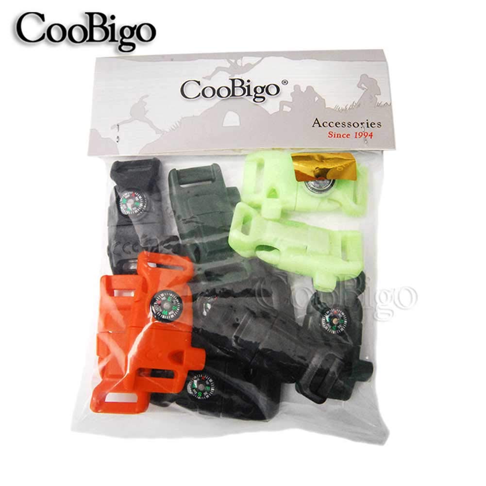 12pcs Pack Mix Colors 5/8" Compass Flint Scraper Fire Starter Whistle Buckle Plastic Paracord