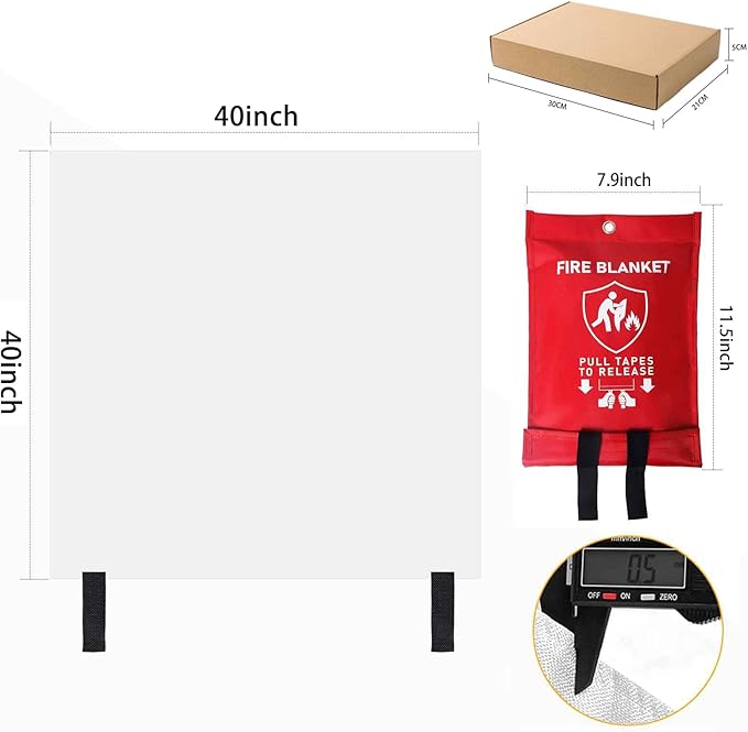 Emergency Fire Blanket for Home Kitchen 40"x40" 2 Pack with Gloves and Hooks Flame Suppression Fiberglass Fireproof Retardant Blankets for Car Boat Camping BBQ Grill Warehouse Survival Safety